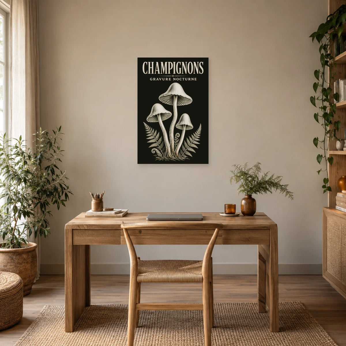 Affiche Champignons – Gravure nocturne dans un bureau - Art Virtuoso