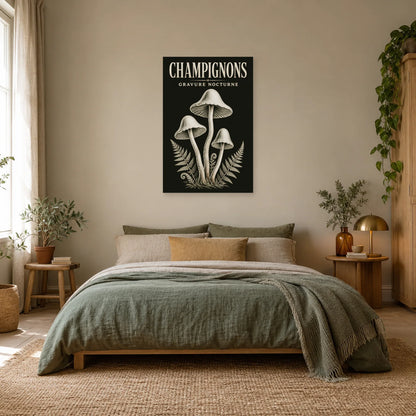 Affiche Champignons – Gravure nocturne dans une chambre - Art Virtuoso