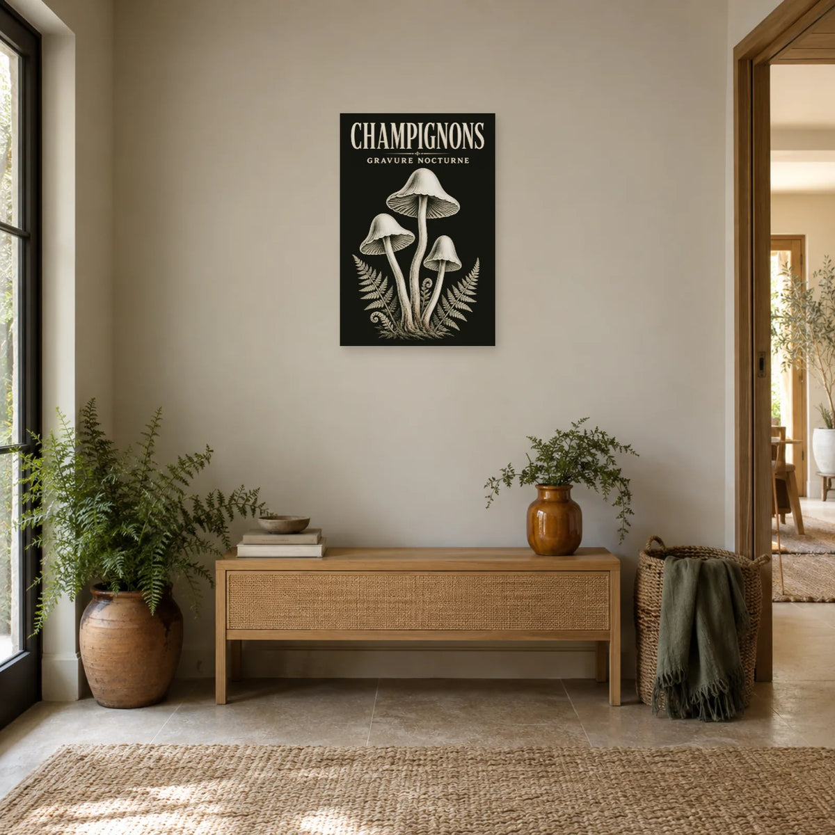 Affiche Champignons – Gravure nocturne dans une entrée ou un couloir - Art Virtuoso