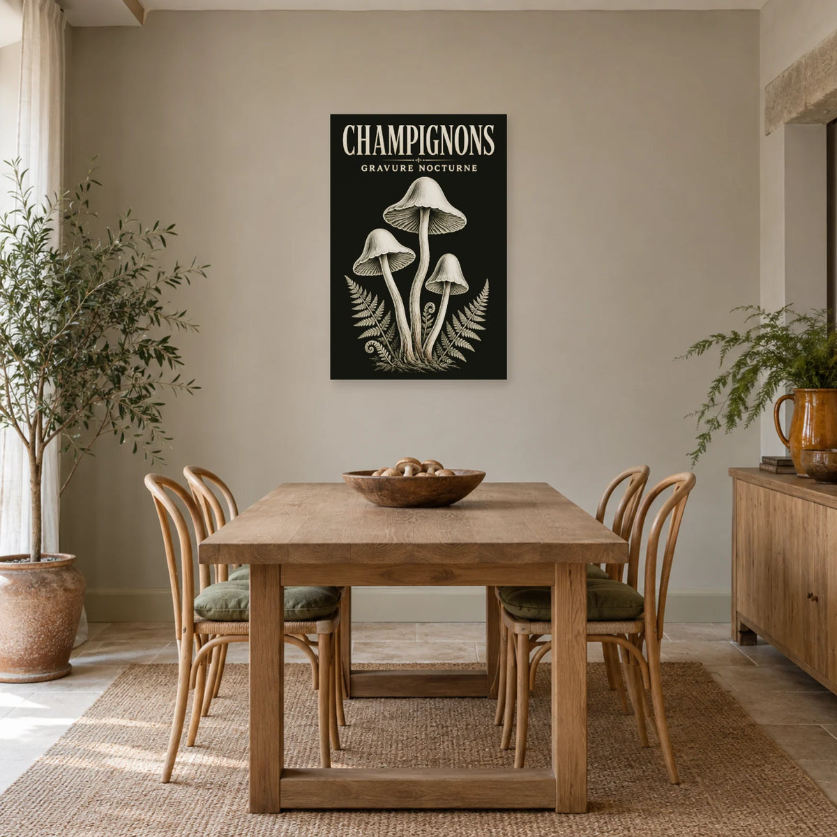 Affiche Champignons – Gravure nocturne dans une salle à manger - Art Virtuoso