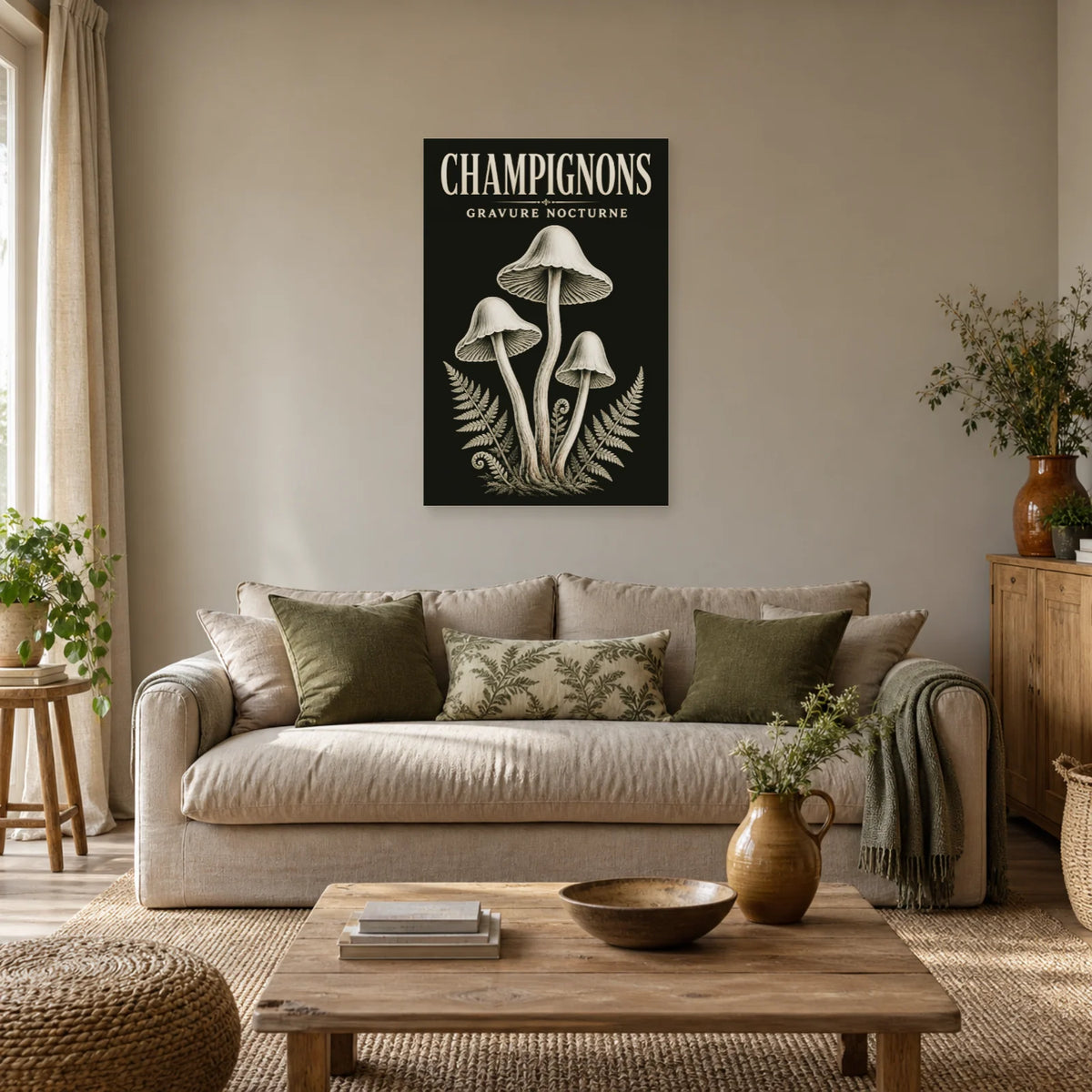Affiche Champignons – Gravure nocturne dans un salon - Art Virtuoso