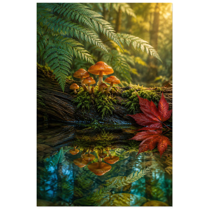 Affiche Champignons – Reflets de mousse, illustration réaliste / paysage forestier verticale, format 30 × 45 cm