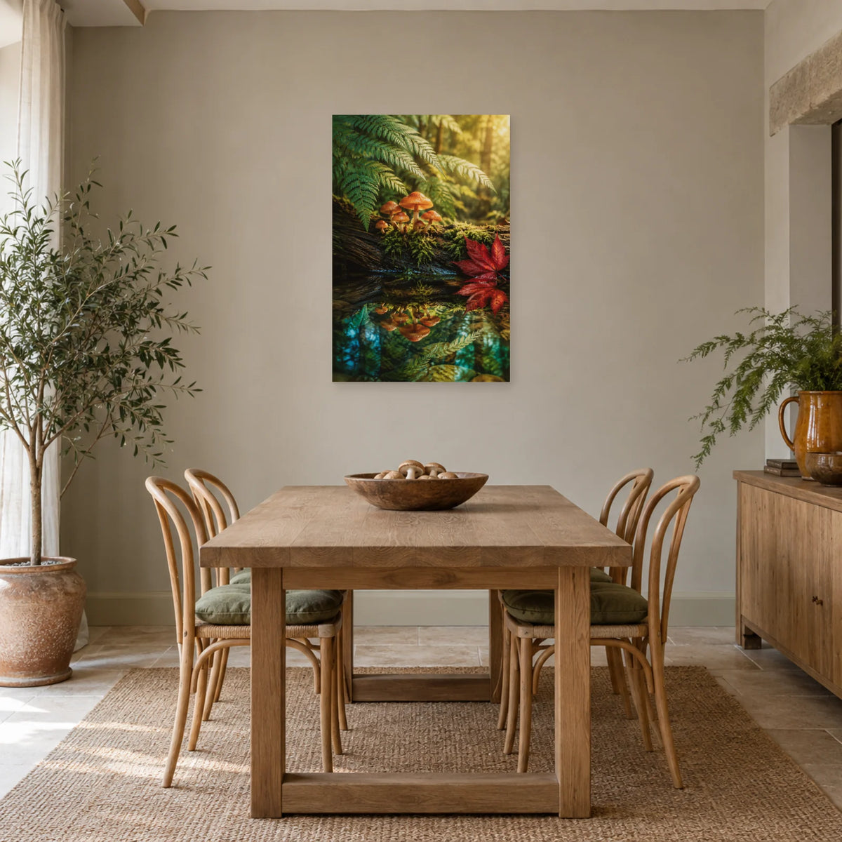 Affiche Champignons – Reflets de mousse dans une salle à manger - Art Virtuoso