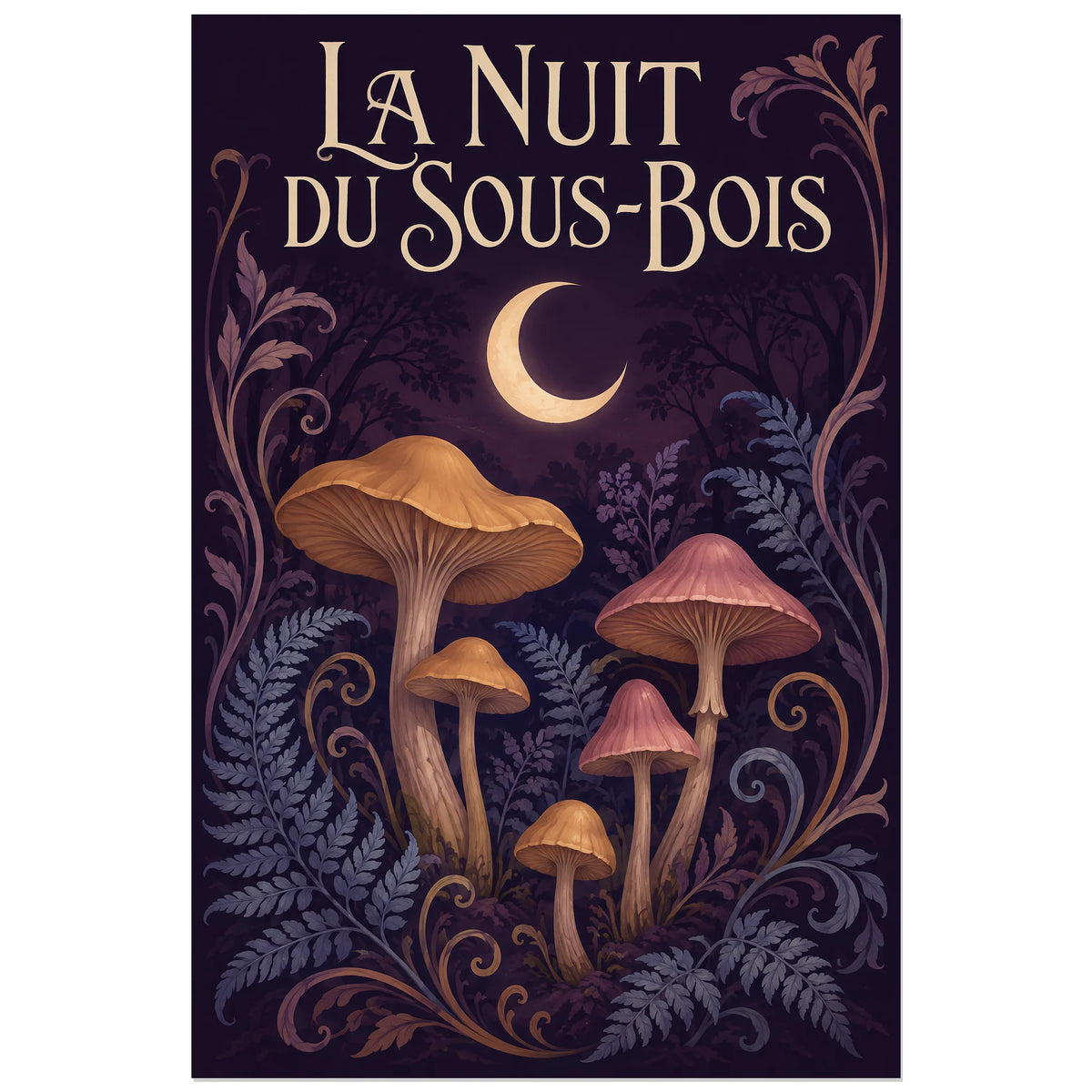 Affiche Champignons – La nuit du sous-bois, art nouveau / illustration nocturne verticale, format 60 × 90 cm