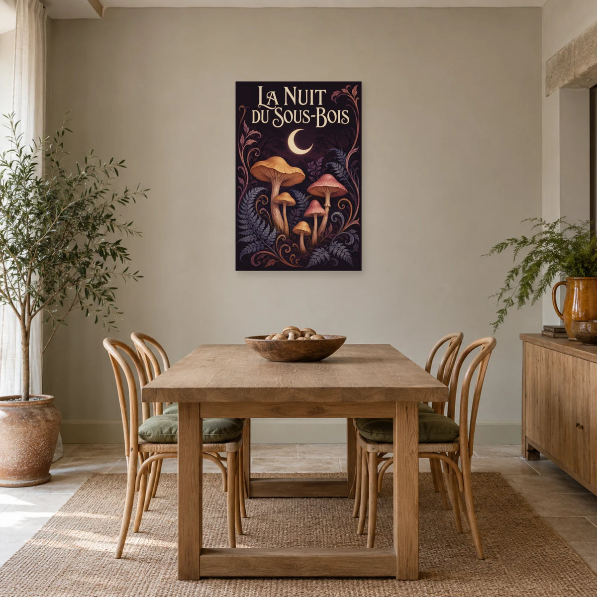 Affiche Champignons – La nuit du sous-bois dans une salle à manger - Art Virtuoso