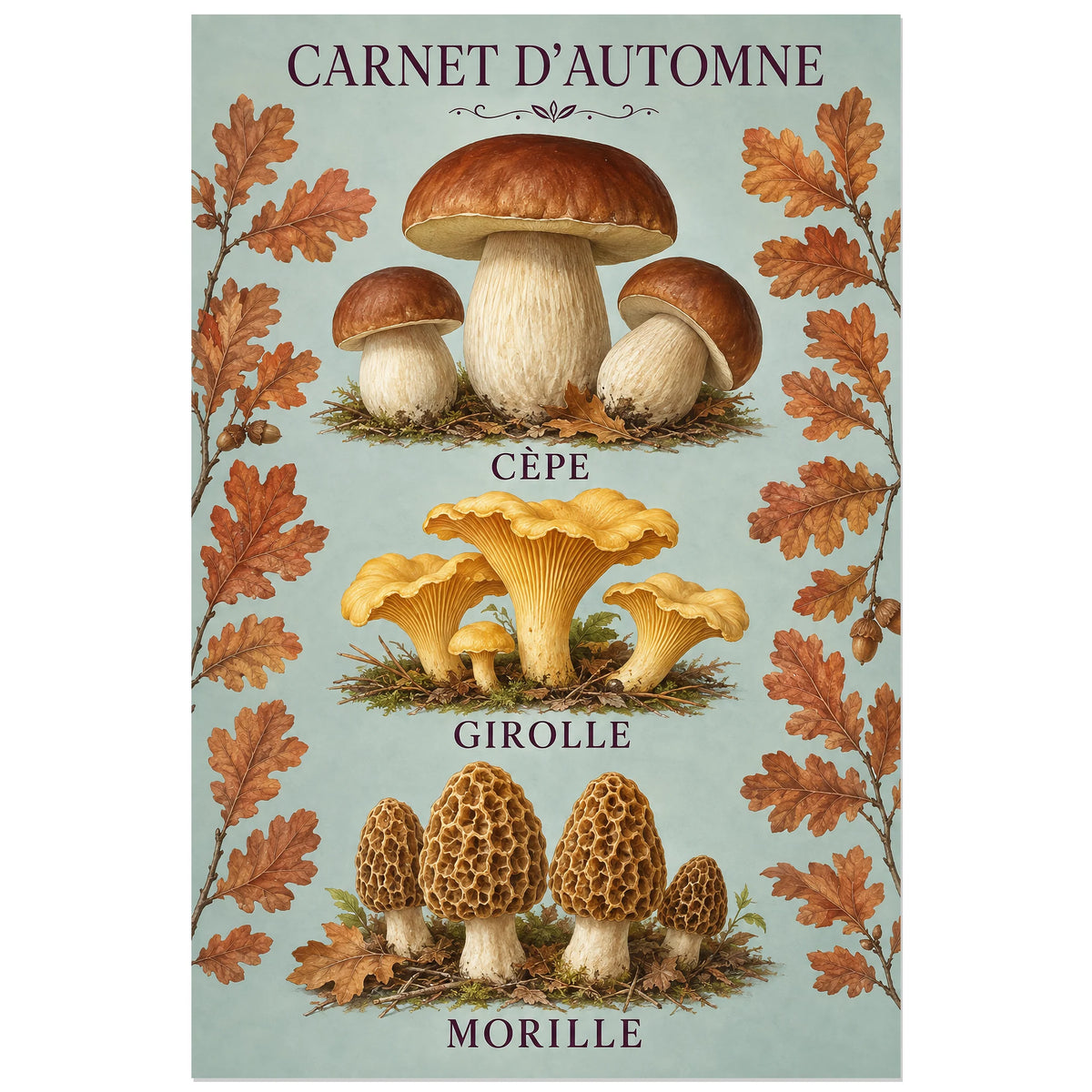 Affiche Champignons – Carnet d’automne, planche naturaliste / affiche vintage verticale, format 60 × 90 cm