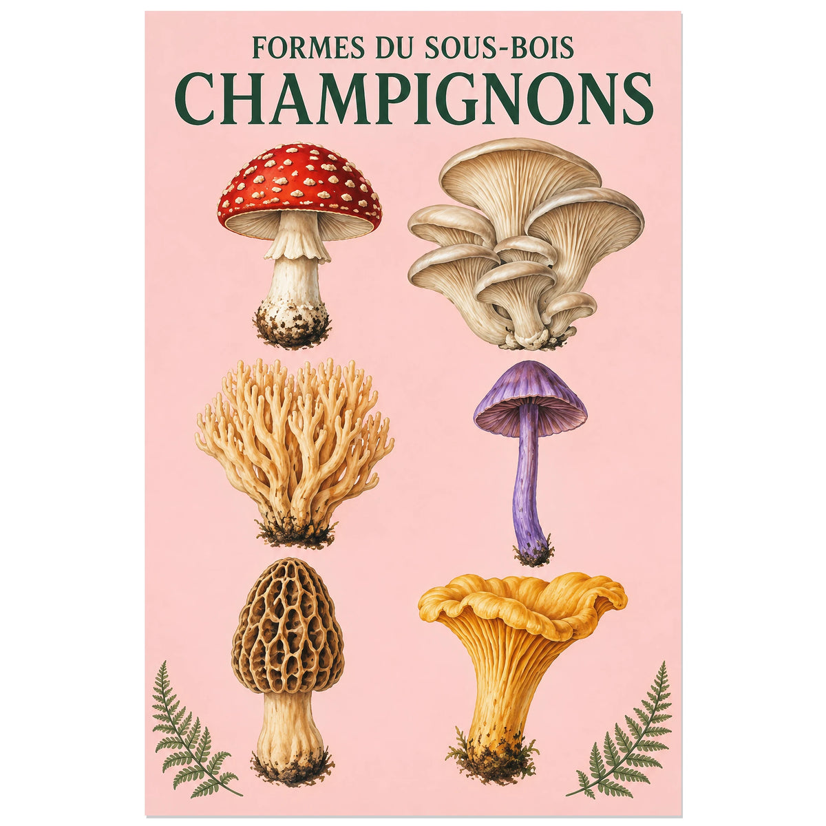 Affiche Champignons – Formes du sous-bois, planche naturaliste / affiche vintage verticale, format 30 × 45 cm