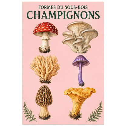 Affiche Champignons – Formes du sous-bois, planche naturaliste / affiche vintage verticale, format 40 × 60 cm