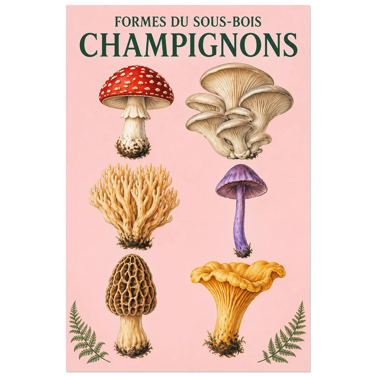 Affiche Champignons – Formes du sous-bois, planche naturaliste / affiche vintage verticale, format 60 × 90 cm