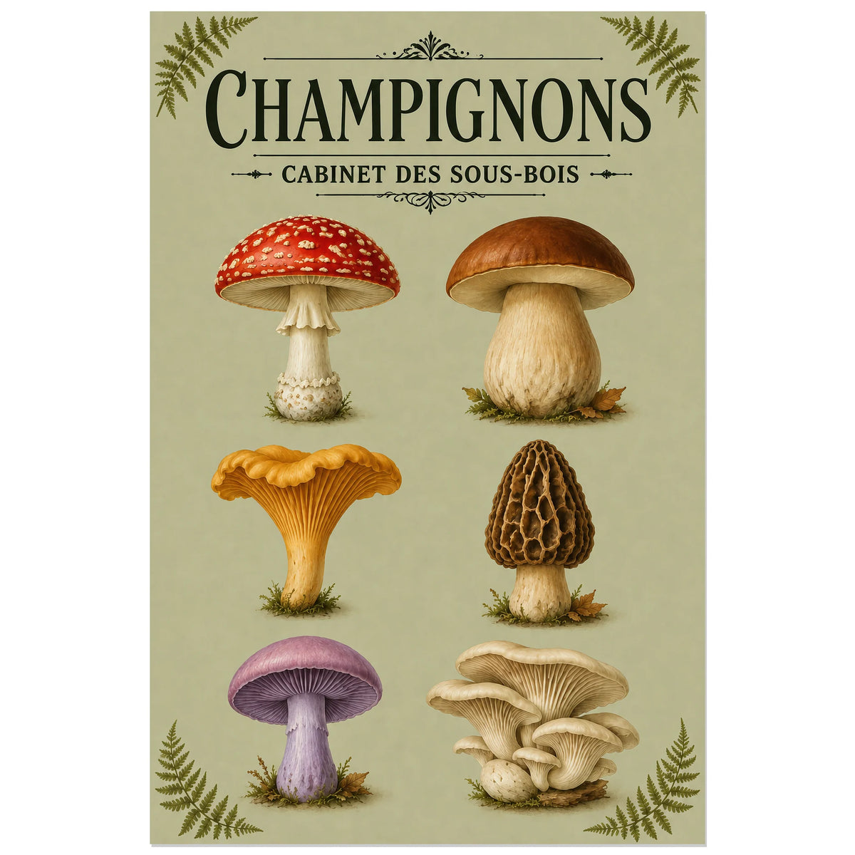 Affiche Champignons – Cabinet des sous-bois, planche naturaliste / affiche vintage verticale, format 60 × 90 cm