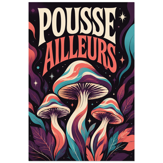 Champignons stylisés sur fond prune étoilé, affiche 30 × 45 cm