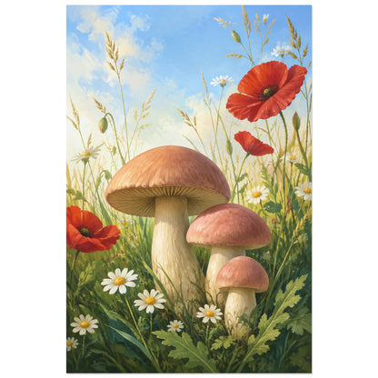 Affiche Champignons – Prairie fleurie, gouache florale / illustration naturaliste verticale, format 60 × 90 cm