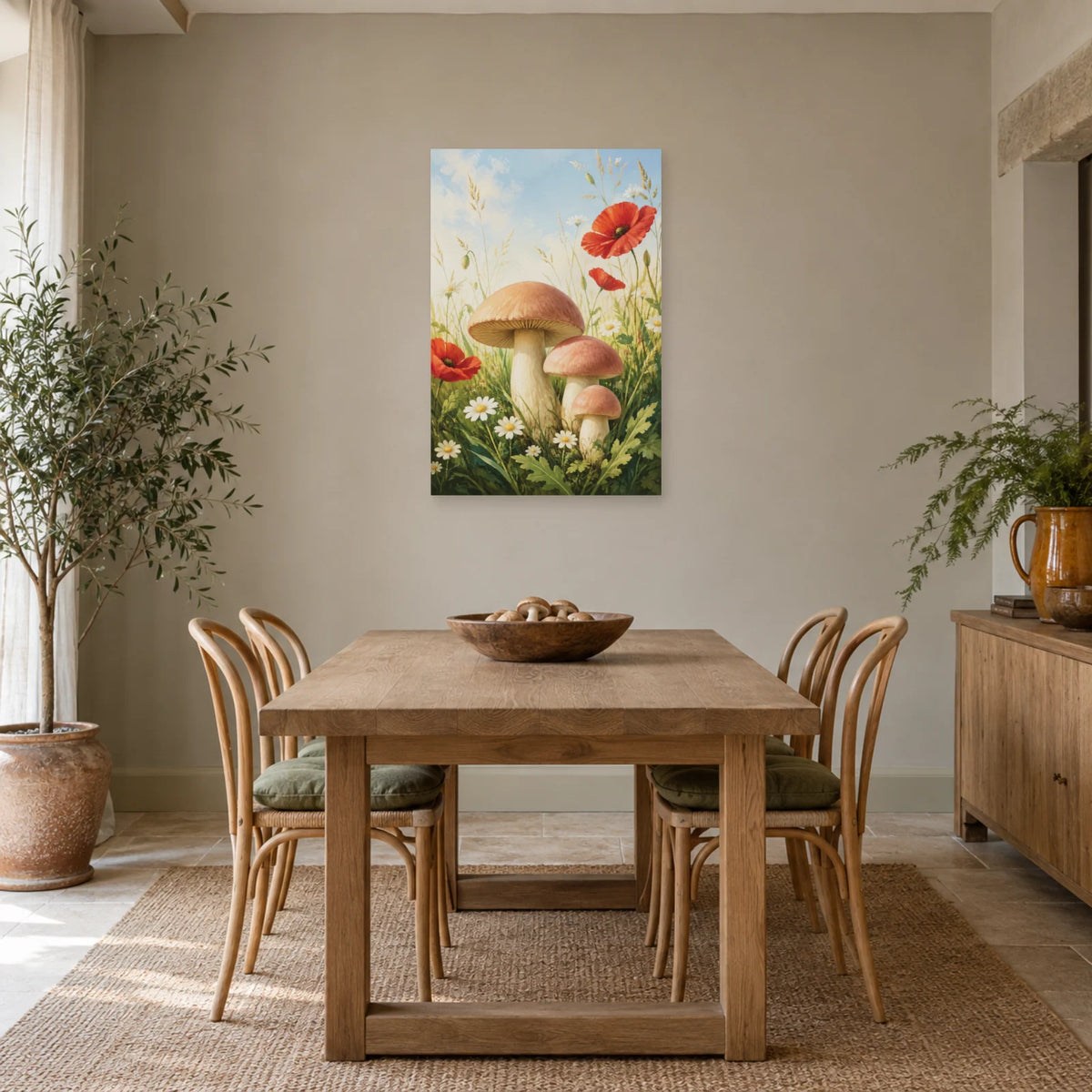 Affiche Champignons – Prairie fleurie dans une salle à manger - Art Virtuoso