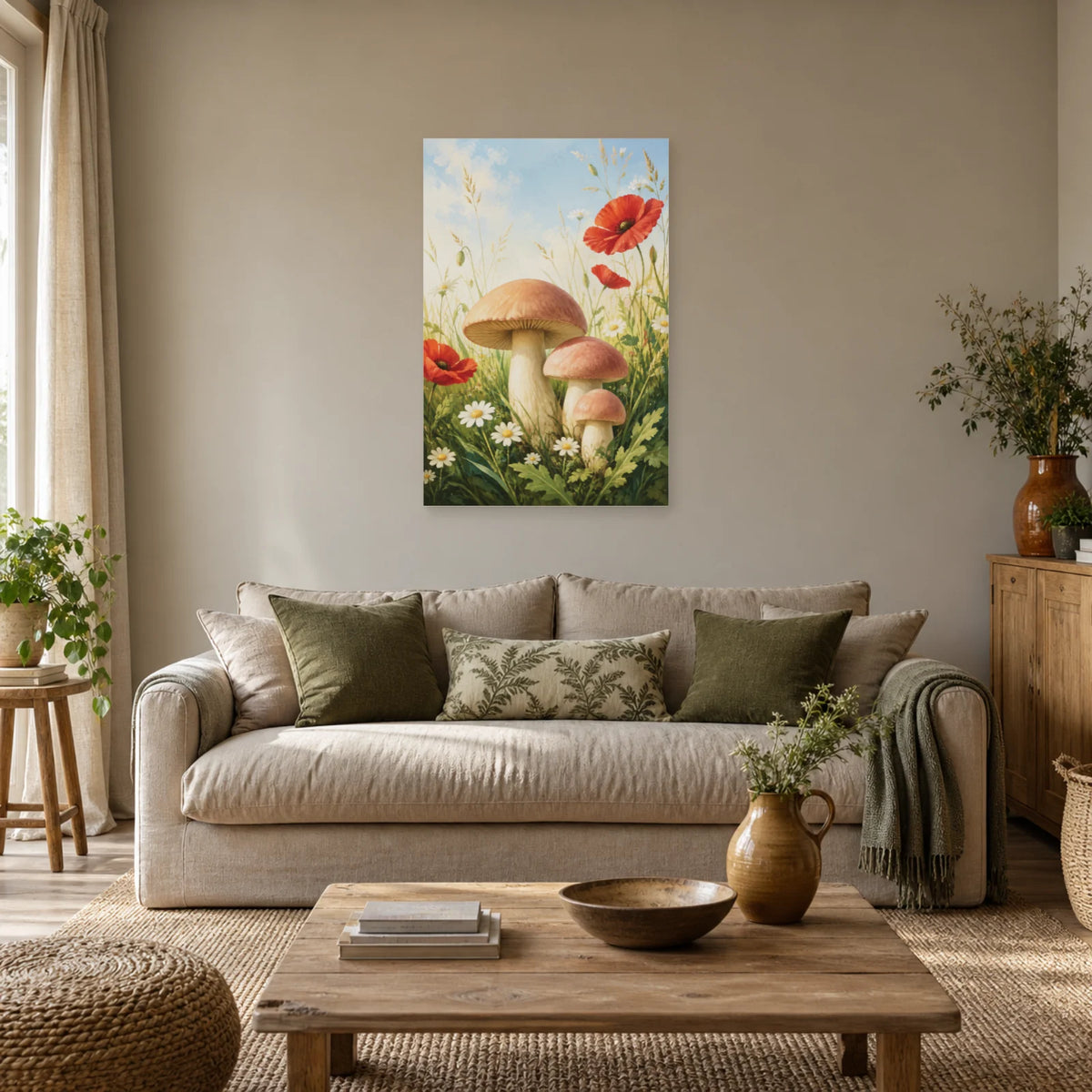 Affiche Champignons – Prairie fleurie dans un salon - Art Virtuoso