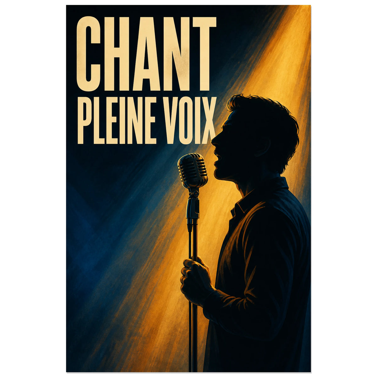 Affiche Chanteur - Pleine voix, illustration editoriale de scene en clair-obscur verticale, format 40 × 60 cm