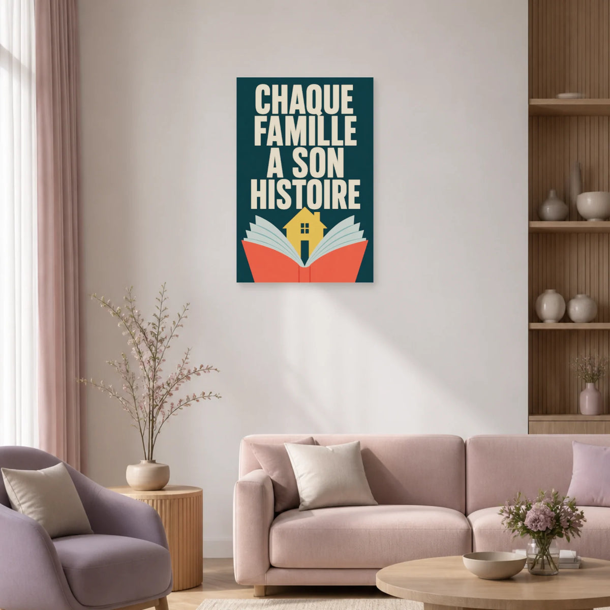 Affiche Chaque famille a son histoire – Livre-maison dans un salon - Art Virtuoso