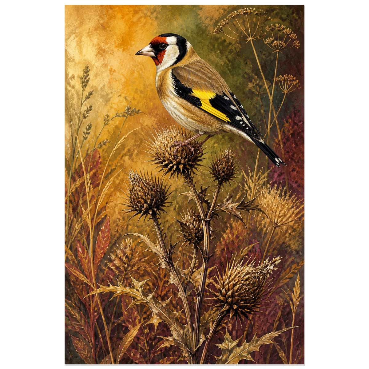 Affiche Chardonneret élégant parmi les chardons, illustration naturaliste chaleureuse à la texture de peinture ancienne verticale, format 30 × 45 cm
