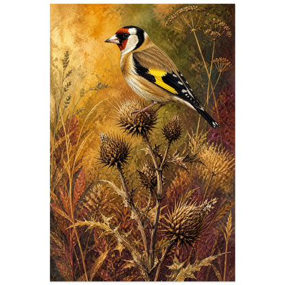 Affiche Chardonneret élégant parmi les chardons, illustration naturaliste chaleureuse à la texture de peinture ancienne verticale, format 40 × 60 cm