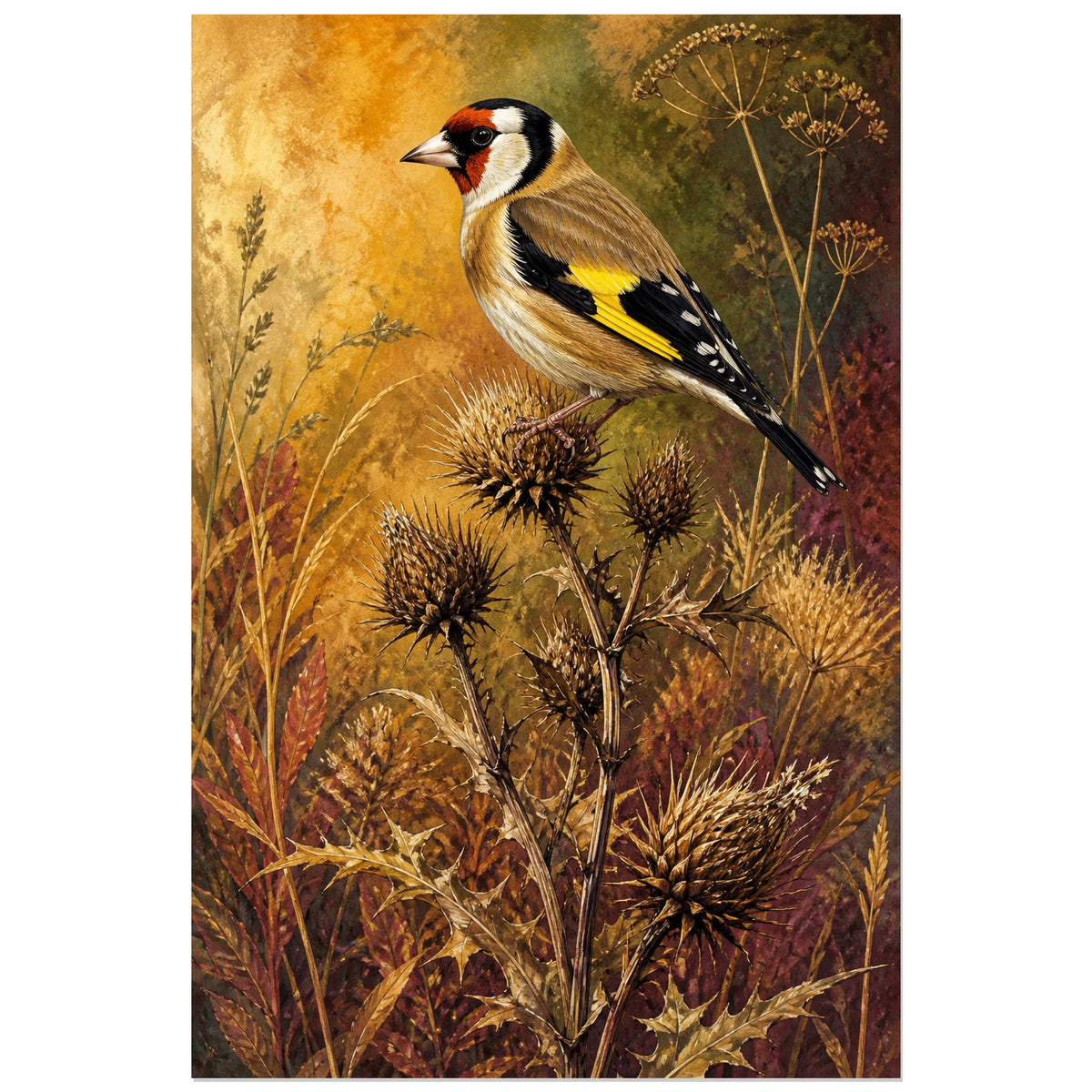 Affiche Chardonneret élégant parmi les chardons, illustration naturaliste chaleureuse à la texture de peinture ancienne verticale, format 60 × 90 cm
