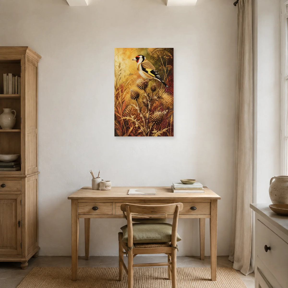 Affiche Chardonneret élégant parmi les chardons dans un bureau - Art Virtuoso