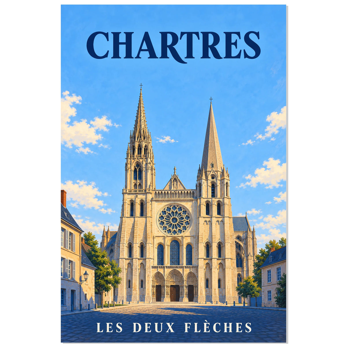Affiche Chartres - Les deux flèches, illustration de voyage / rendu gouache / inspiration vintage verticale, format 60 × 90 cm