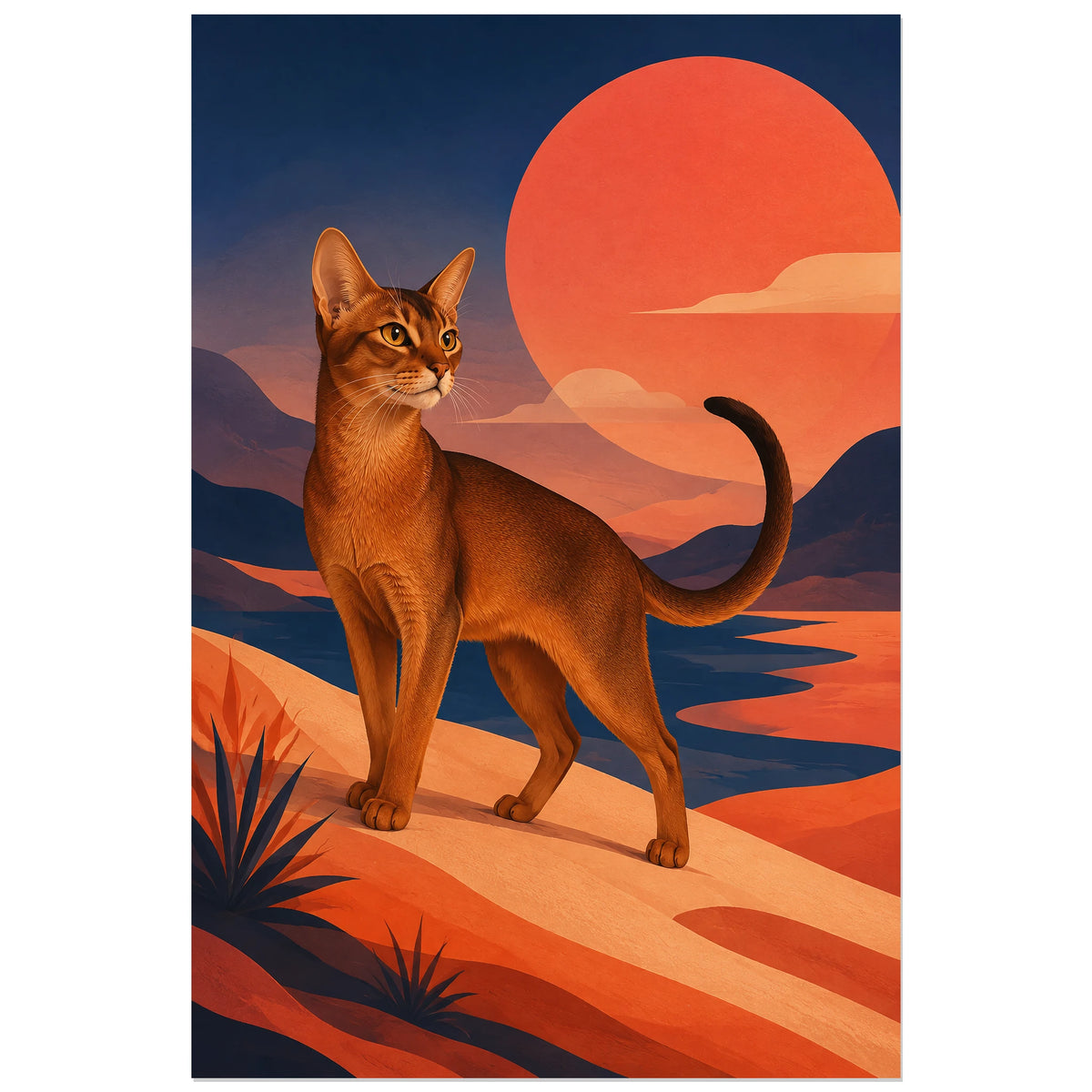 Affiche Chat Abyssin – Élan terracotta, paysage graphique / illustration éditoriale verticale, format 30 × 45 cm