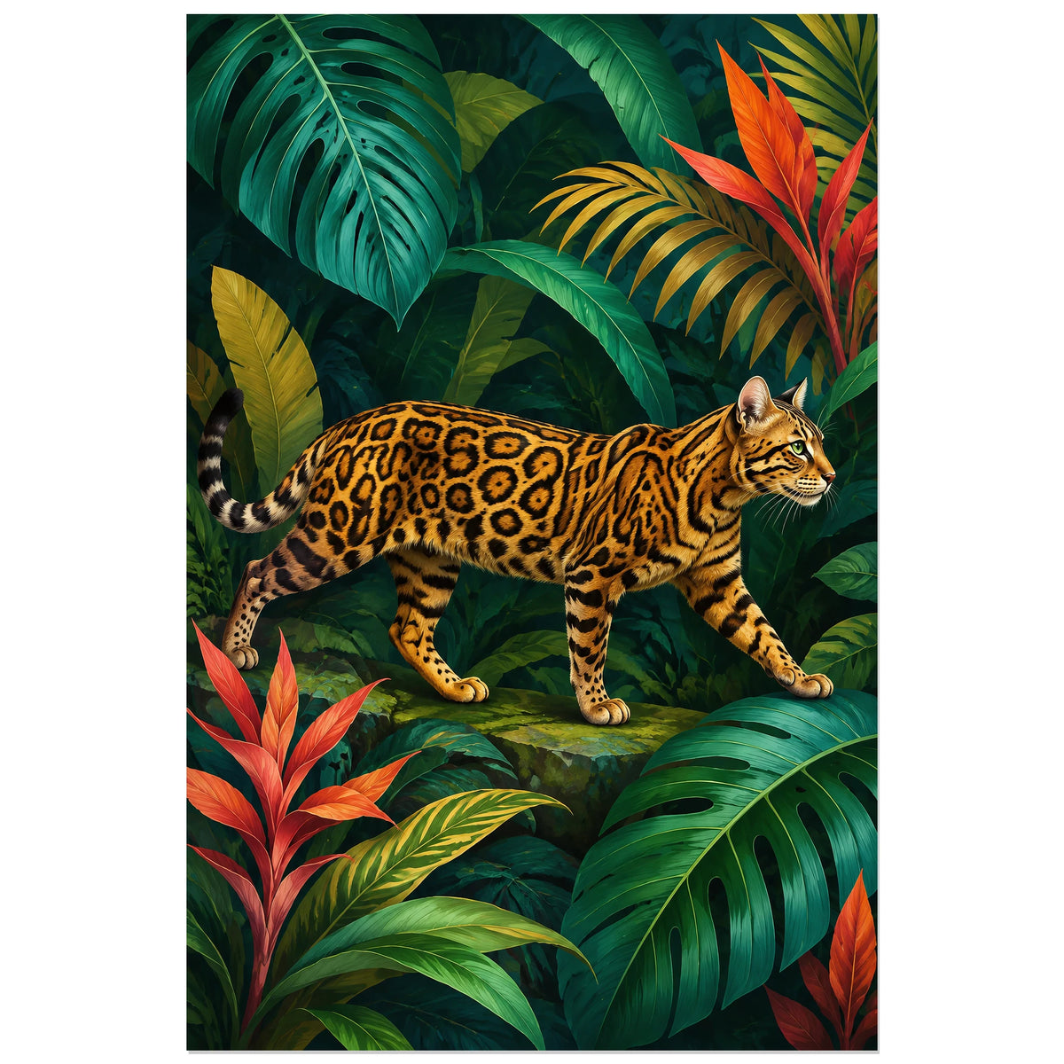 Affiche Chat Bengal – Jungle graphique, illustration éditoriale / botanique contemporaine verticale, format 40 × 60 cm