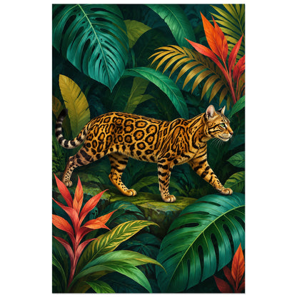 Affiche Chat Bengal – Jungle graphique, illustration éditoriale / botanique contemporaine verticale, format 40 × 60 cm