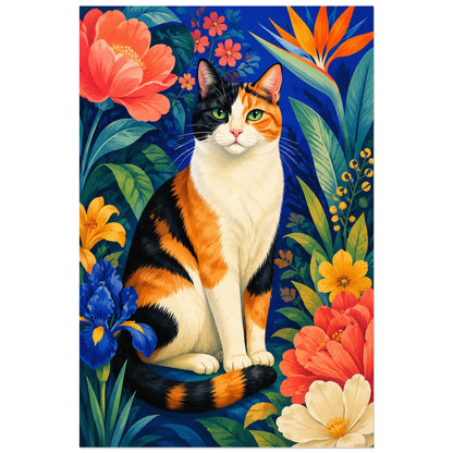 Affiche Chat calico – Jardin de couleurs, illustration pop / botanique graphique verticale, format 30 × 45 cm