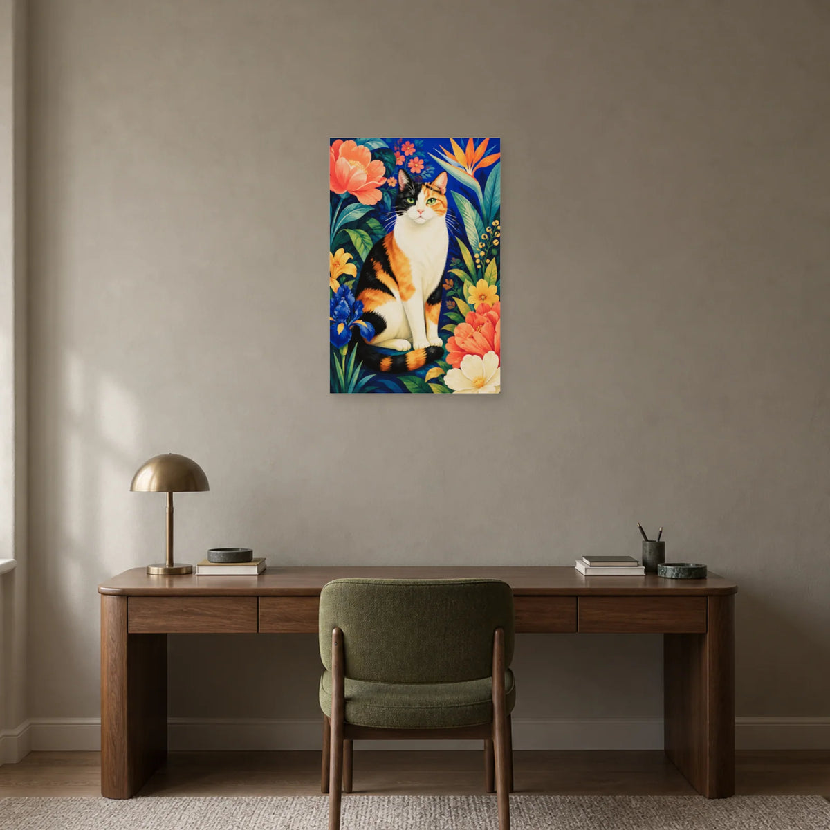 Affiche Chat calico – Jardin de couleurs dans un bureau - Art Virtuoso