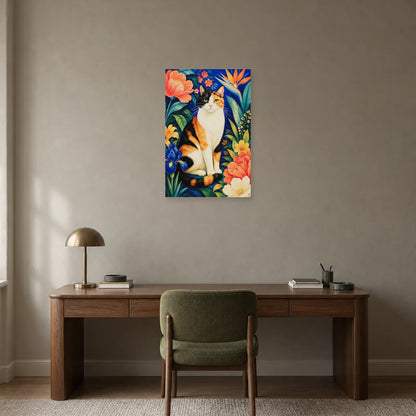 Affiche Chat calico – Jardin de couleurs dans un bureau - Art Virtuoso