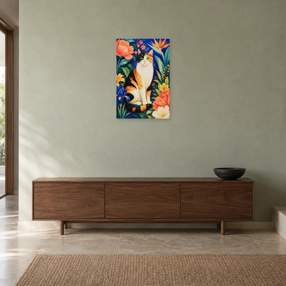 Affiche Chat calico – Jardin de couleurs dans une entrée ou un couloir - Art Virtuoso