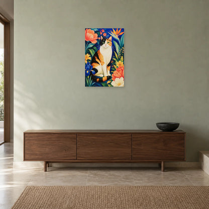 Affiche Chat calico – Jardin de couleurs dans une entrée ou un couloir - Art Virtuoso