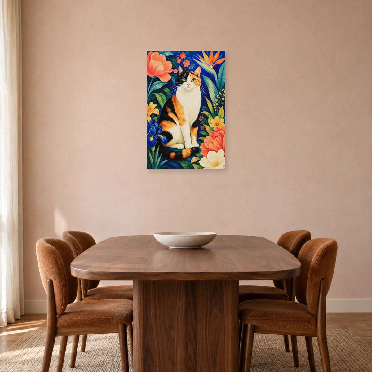 Affiche Chat calico – Jardin de couleurs dans une salle à manger - Art Virtuoso
