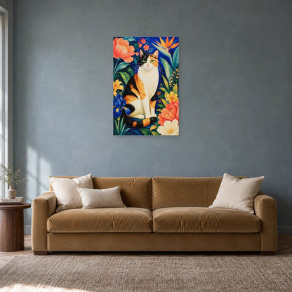 Affiche Chat calico – Jardin de couleurs dans un salon - Art Virtuoso