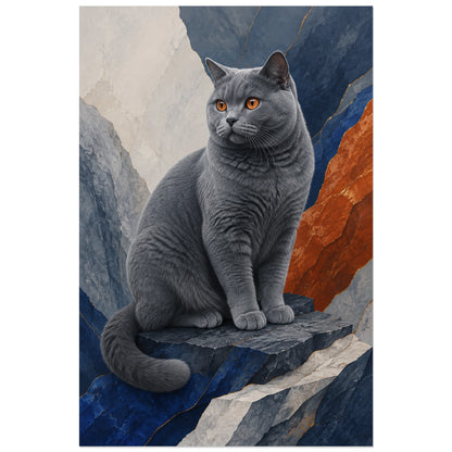 Affiche Chat Chartreux – Silence minéral, illustration minérale / portrait animalier contemporain verticale, format 40 × 60 cm