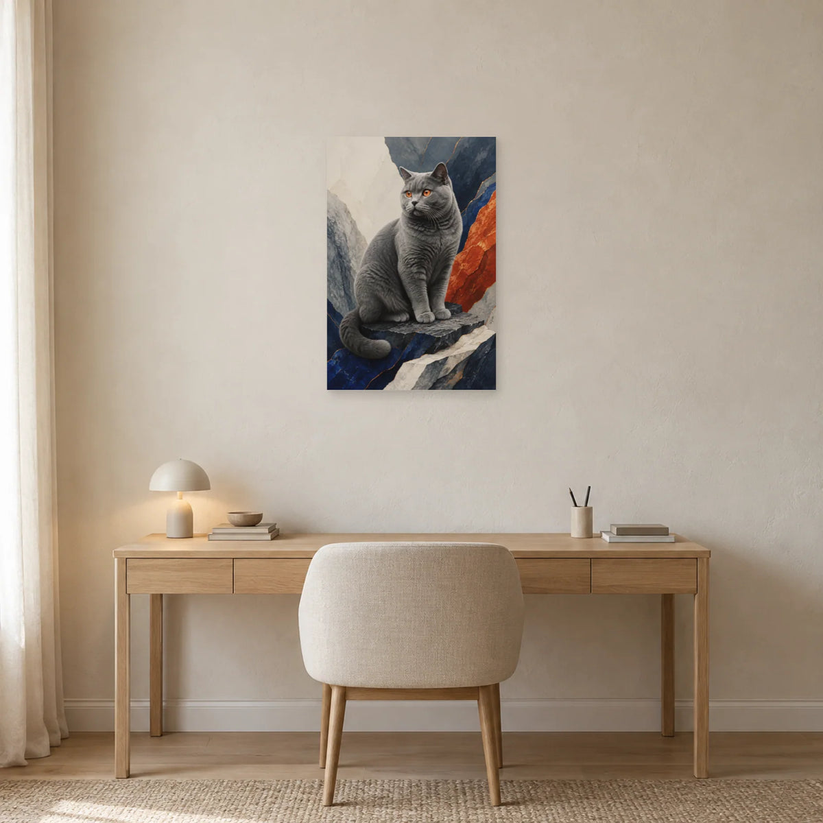 Affiche Chat Chartreux – Silence minéral dans un bureau - Art Virtuoso