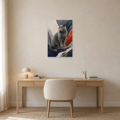 Affiche Chat Chartreux – Silence minéral dans un bureau - Art Virtuoso