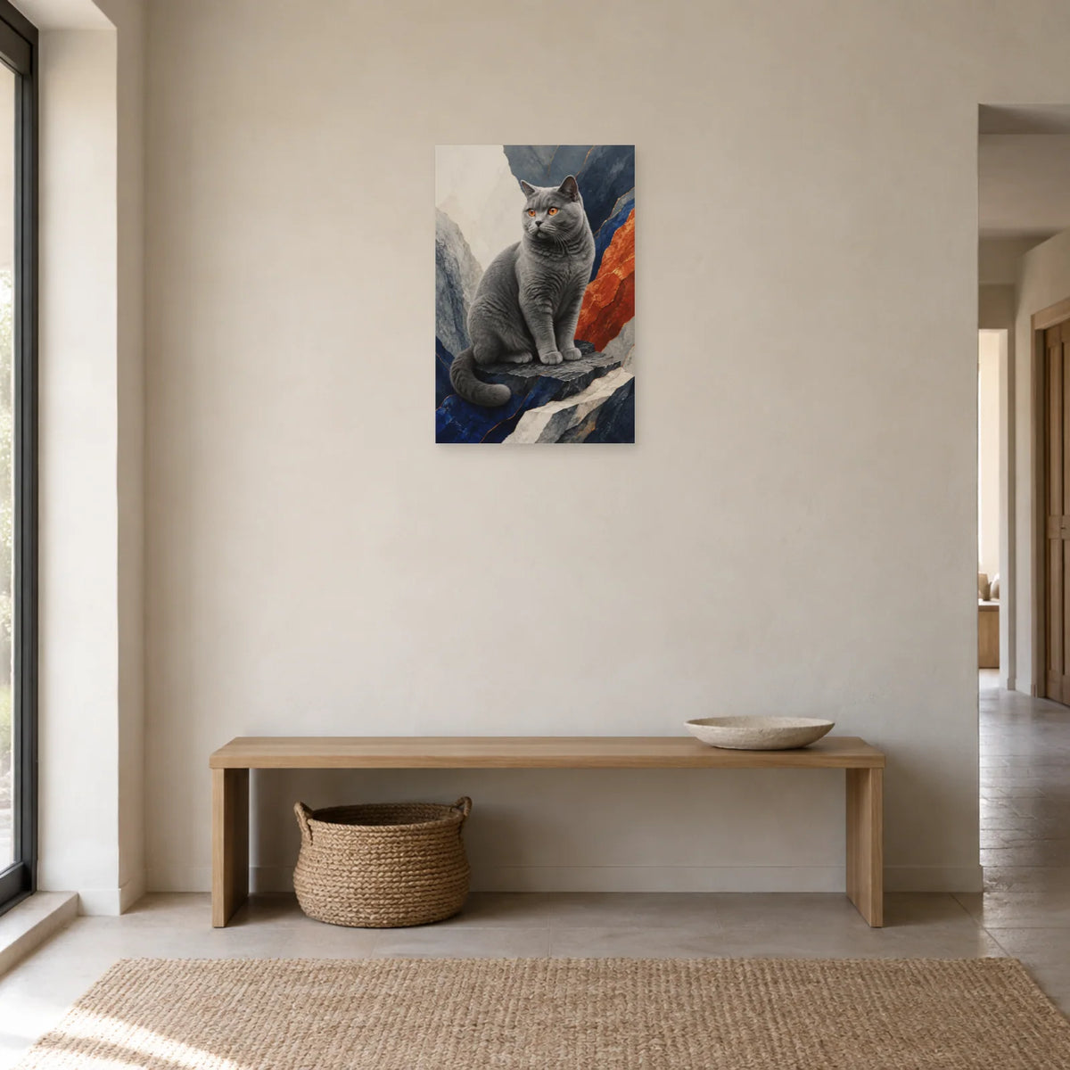 Affiche Chat Chartreux – Silence minéral dans une entrée ou un couloir - Art Virtuoso