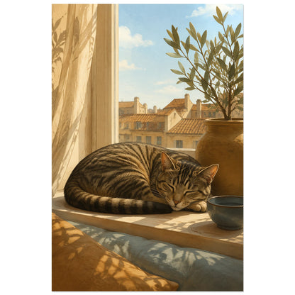Affiche de chat à la fenêtre – Lumière du matin, peinture éditoriale / scène d’intérieur verticale, format 40 × 60 cm