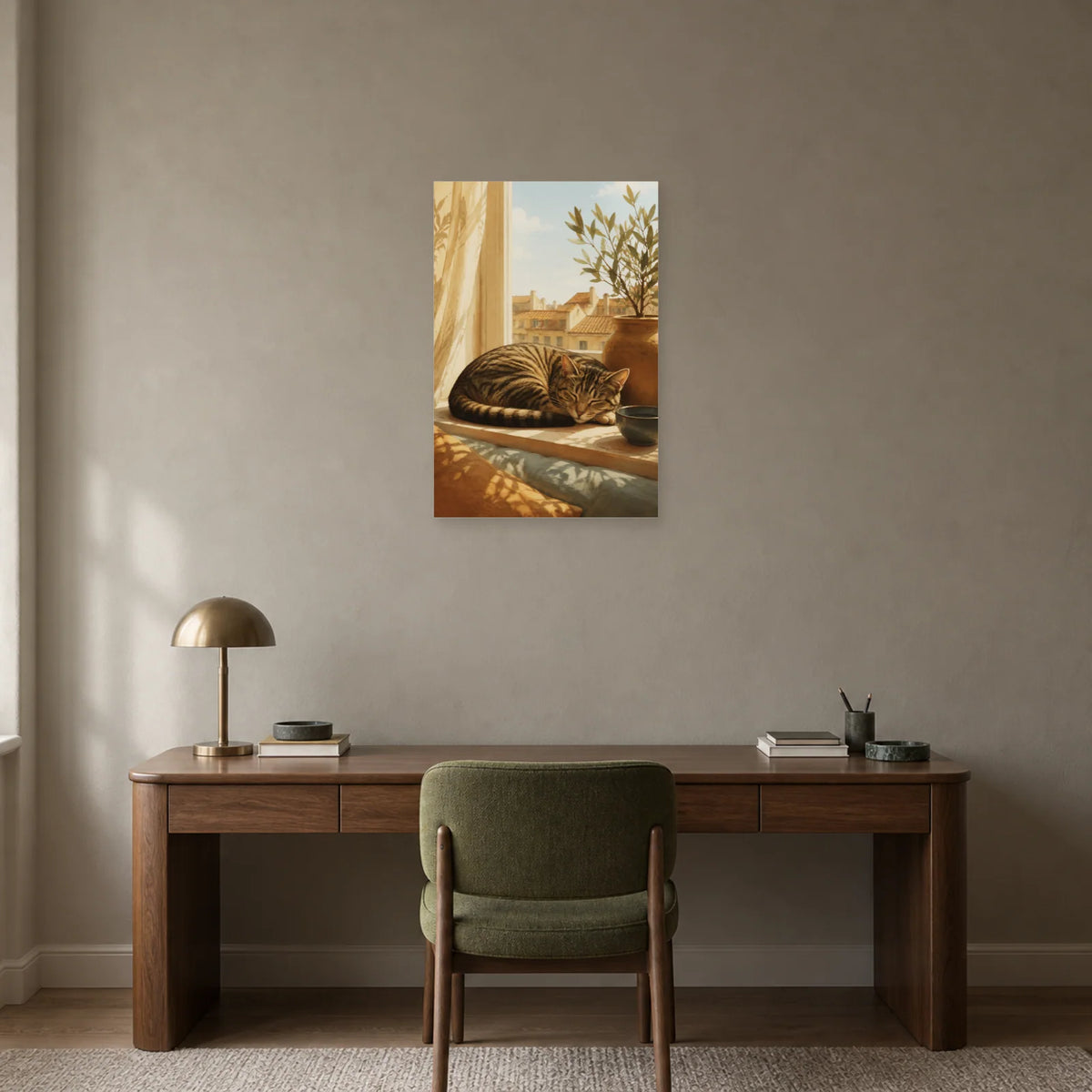 Affiche Chat à la fenêtre – Lumière du matin dans un bureau - Art Virtuoso
