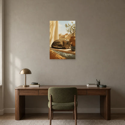 Affiche Chat à la fenêtre – Lumière du matin dans un bureau - Art Virtuoso