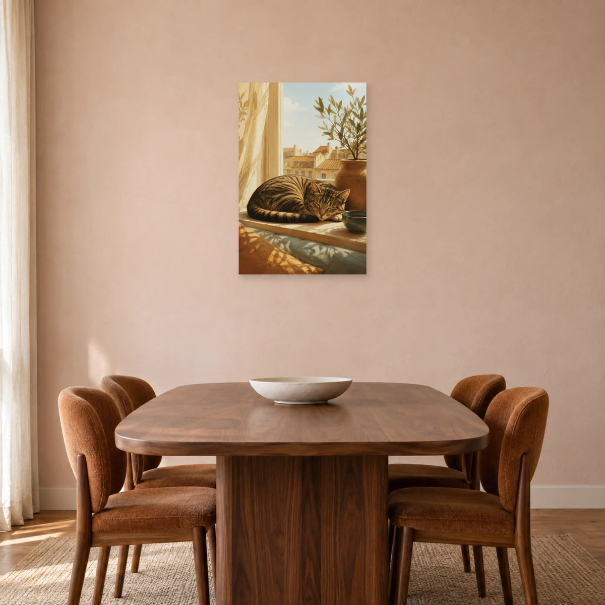 Affiche Chat à la fenêtre – Lumière du matin dans une salle à manger - Art Virtuoso