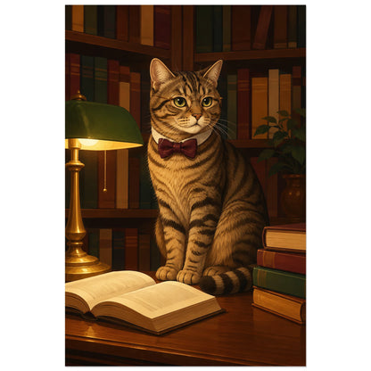 Poster de chat lecteur – Bibliothèque calme, illustration éditoriale / humour élégant verticale, format 60 × 90 cm