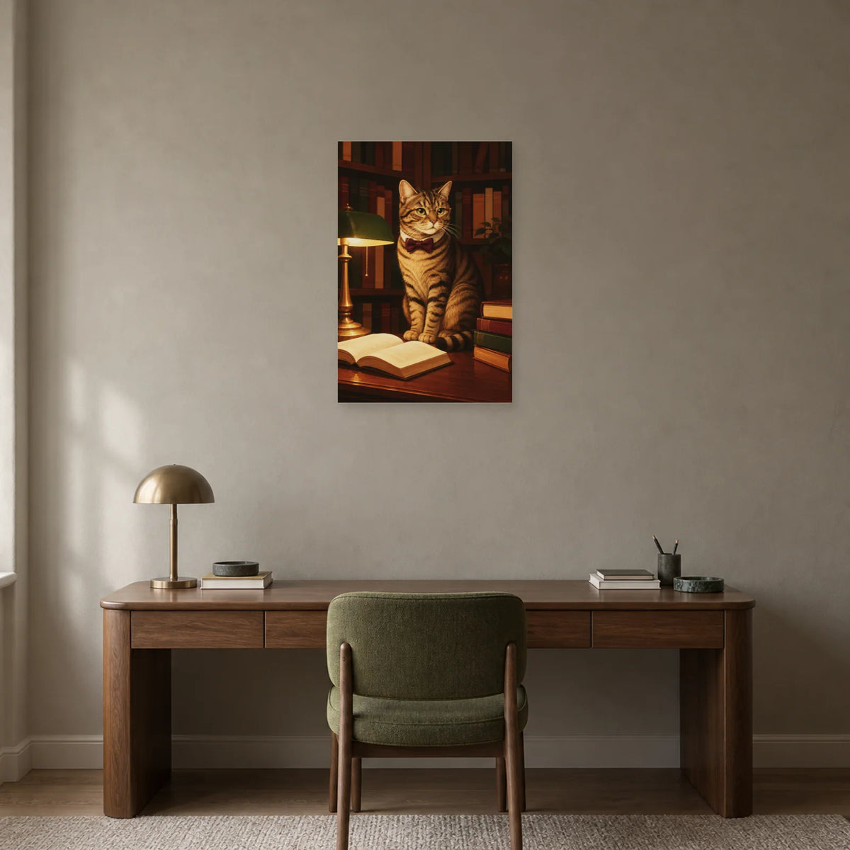 Affiche Chat lecteur – Bibliothèque calme dans un bureau - Art Virtuoso