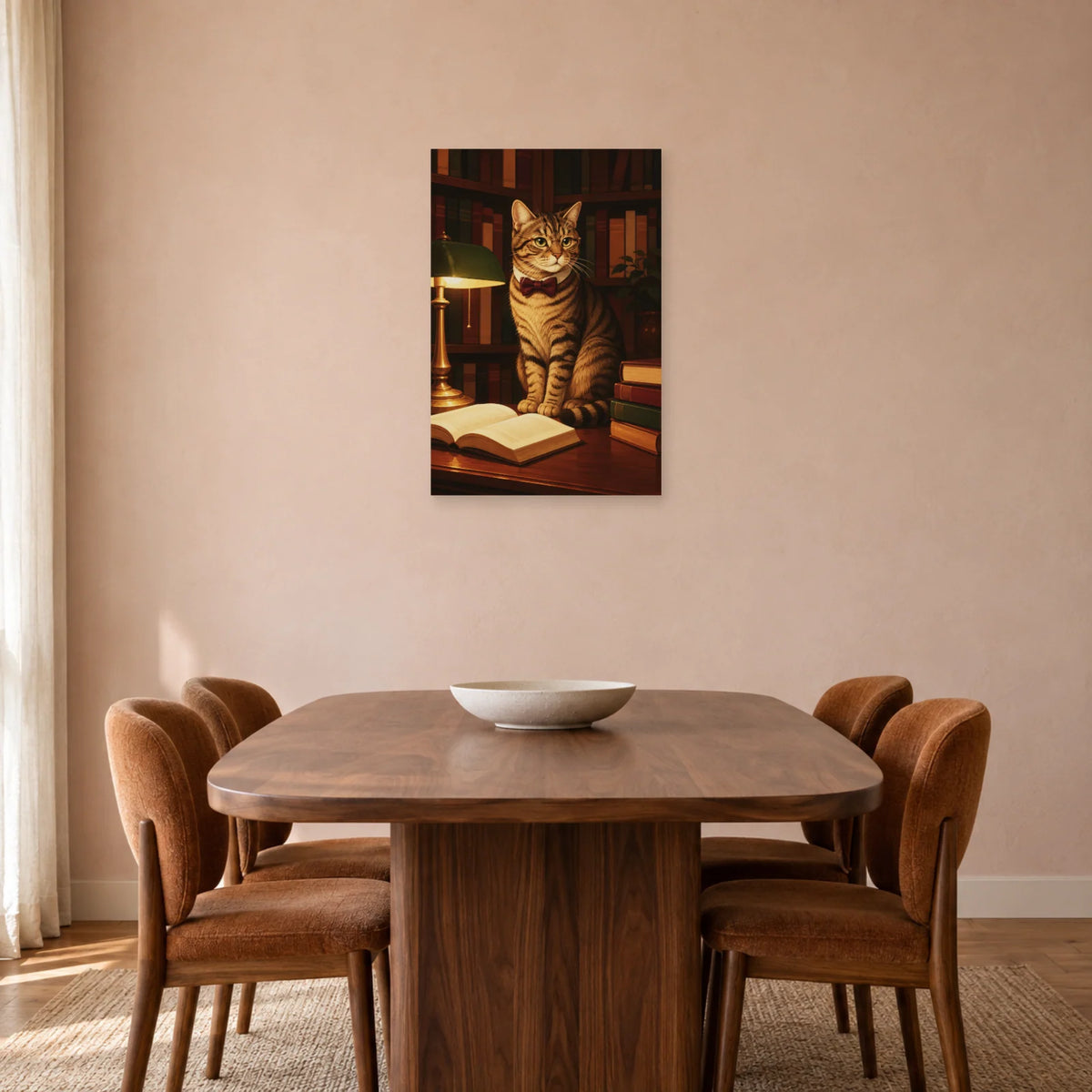Affiche Chat lecteur – Bibliothèque calme dans une salle à manger - Art Virtuoso