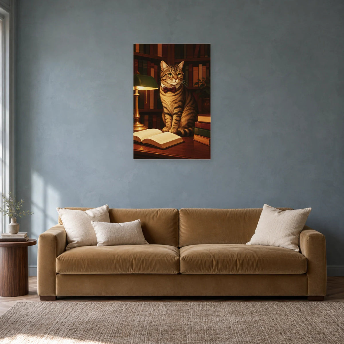 Affiche Chat lecteur – Bibliothèque calme dans un salon - Art Virtuoso