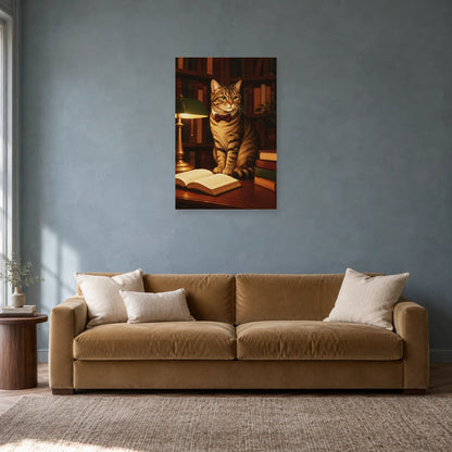 Affiche Chat lecteur – Bibliothèque calme dans un salon - Art Virtuoso