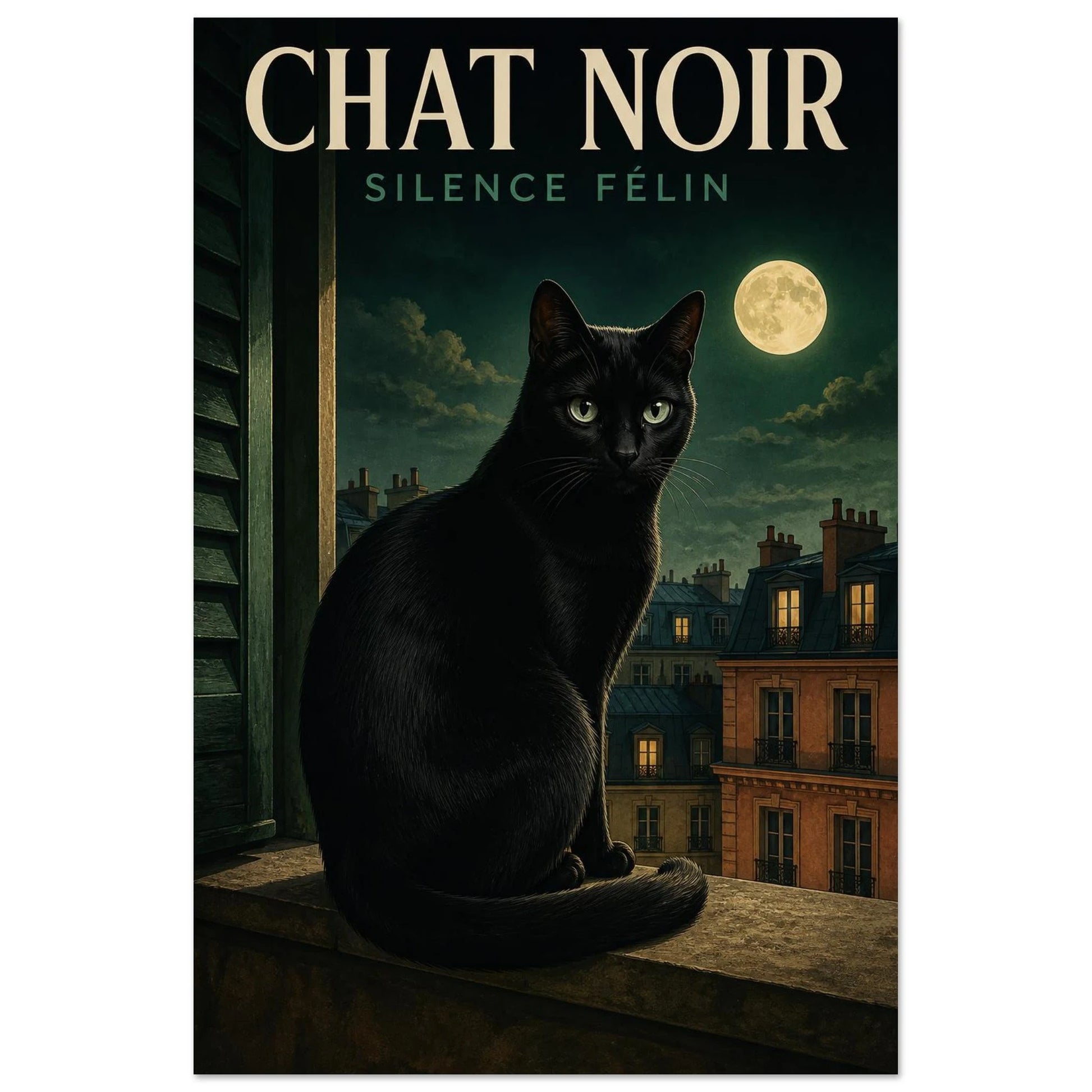 Affiche Chat Noir – Silence Félin, illustration graphique verticale, format 30 × 45 cm