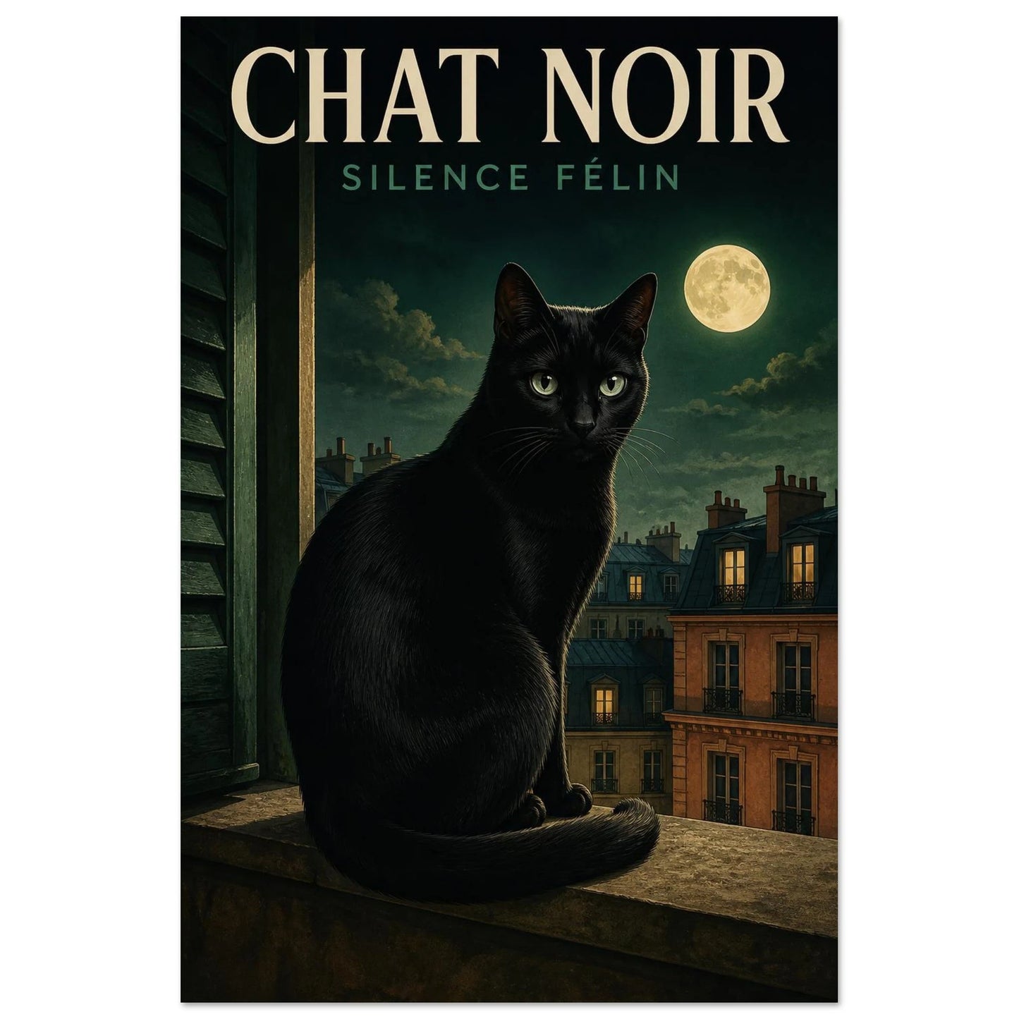 Affiche Chat Noir – Silence Félin, illustration graphique verticale, format 40 × 60 cm